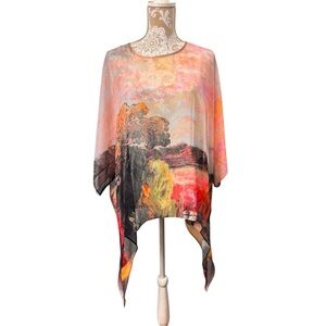Semi Sheer Country Side Tree Scene Artsy Sharkbite Hem Poncho Layering Top
